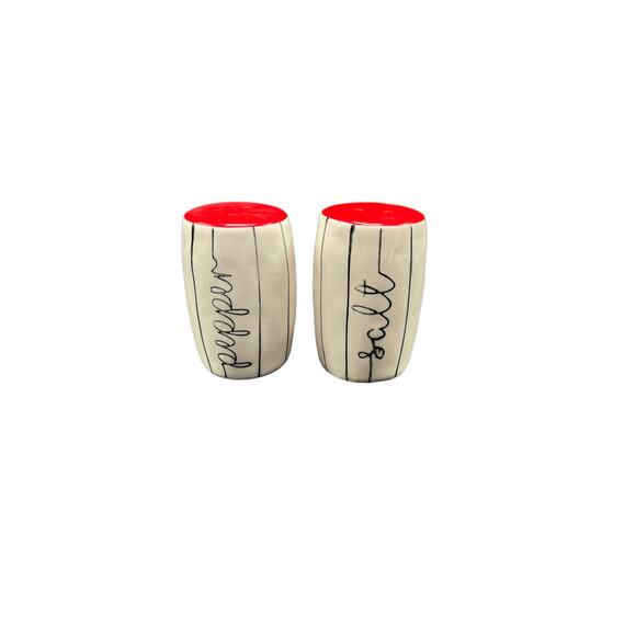 Salt & Pepper Shakers White with Black Stripes and Script - Picture 1 of 3